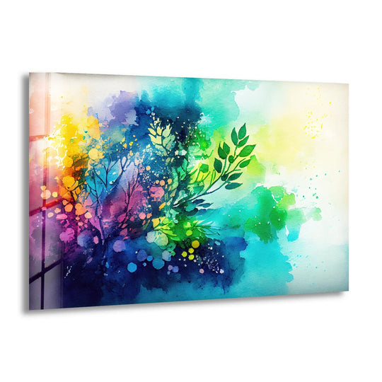 Vibrant abstract glass art painting features a colorful, watercolor background with splashes of yellow, blue, and green.