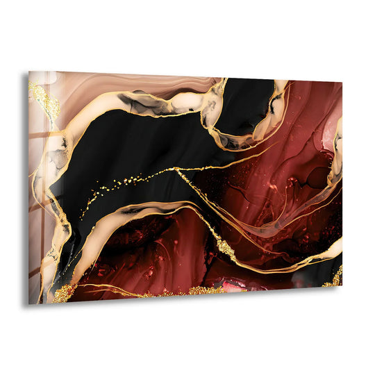 Warm and cool tones of deep red, black, and gold define this abstract glass print, a unique modern wall decor.