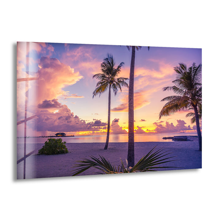 Tropical Sunset Beach Wall Art – Vibrant Palm Tree Ocean Scene Glass Print for Relaxing Home Decor