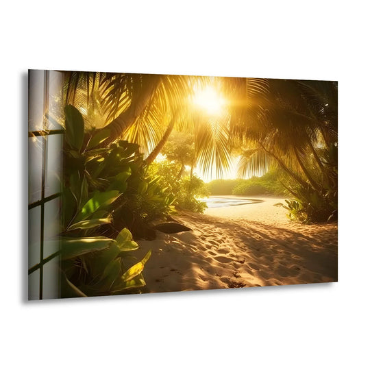 Organic forms of tropical plants frame a sunlit beach path in this golden escape glass wall art, like a tropical wall prints portal to paradise.