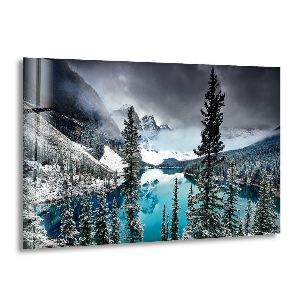 Snowy Mountain Lake Glass Wall Art – A Stunning Winter Landscape
