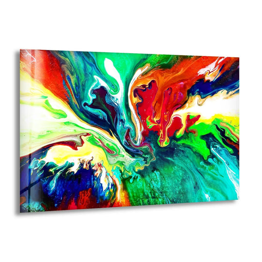 A horizontal abstract glass wall art piece showcases swirling green, red, and blue shapes in a fluid, energetic formation.