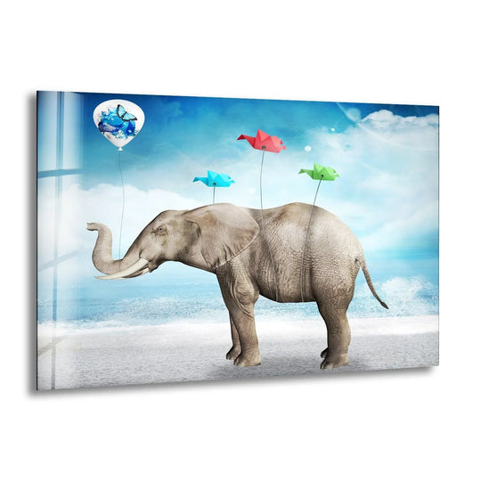 Surreal elephant glass wall art shows an elephant with origami birds and balloon art animal prints add whimsy and elegance to decor