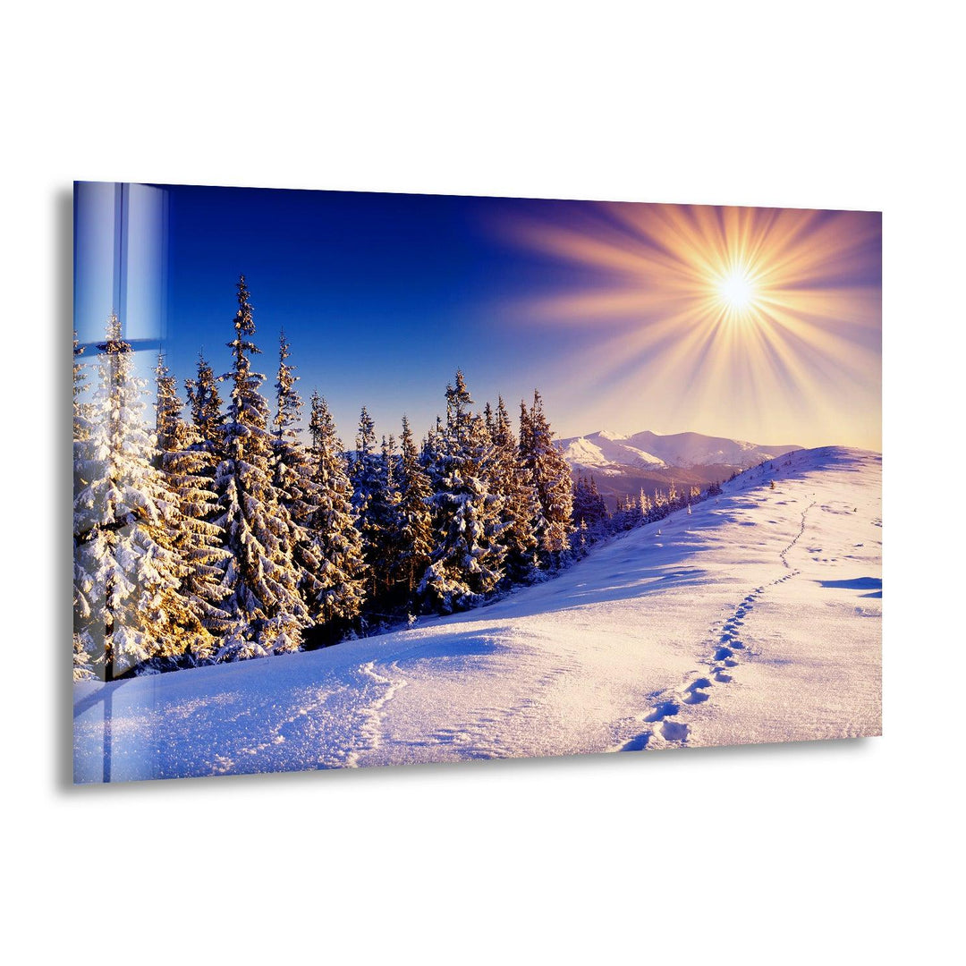 Snowy Mountain Path Glass Wall Art – A Serene Winter Scene
