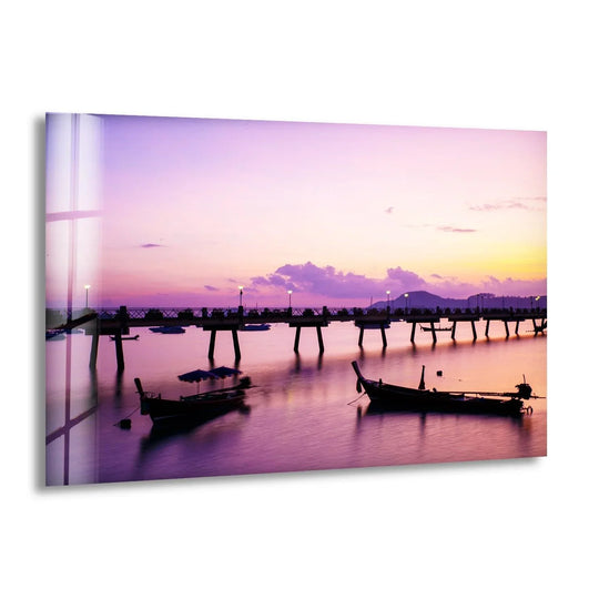 Twilight Harbor Serenity Glass Wall Art – A Stunning Waterfront Scene
