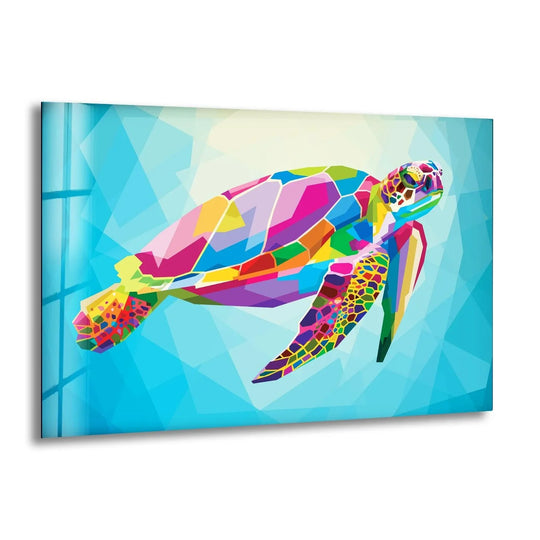 A vibrant sea turtle rendered in colorful geometric shapes is depicted in realistic detail on this glass wall artwork.