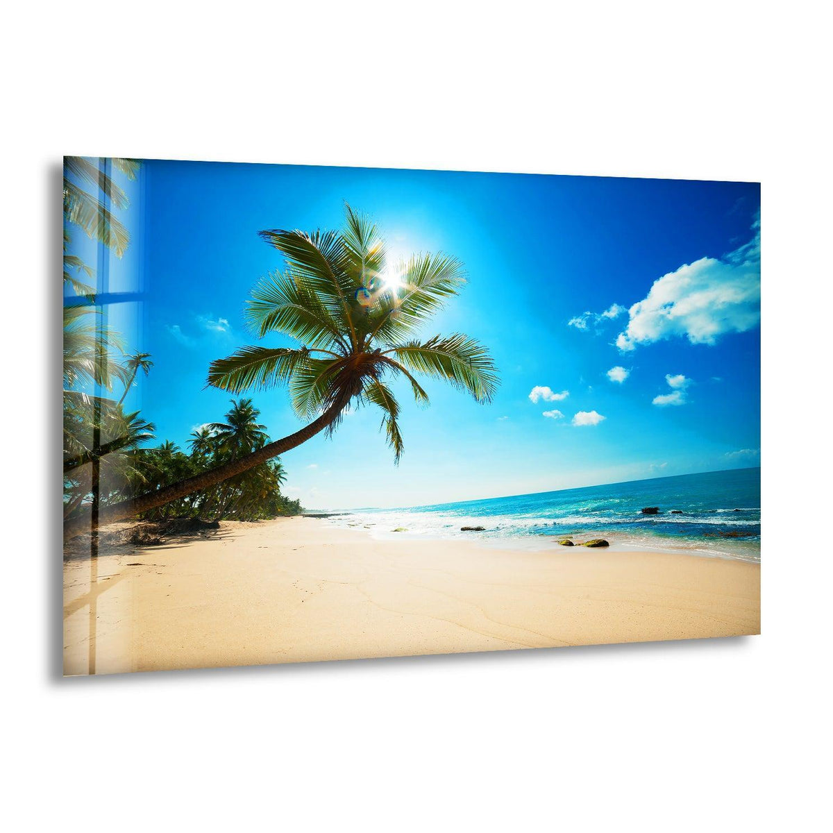 Horizontal summer tropical beach glass wall art showcases a landscape scene through vibrant glass printing, highlighting its rectangular shape and scenic orientation.