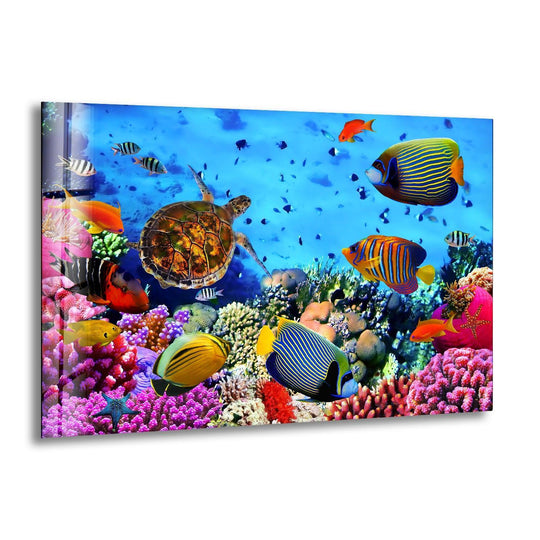 Vibrant home decor showcasing a gentle sea turtle swimming amidst soft, colorful coral and bright fish.