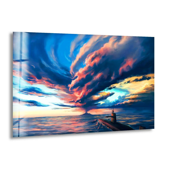 Crafted with high-quality glass, the volcano storm hanging wall art features vivid colors and a glossy finish that enhances the captivating cloud decor.