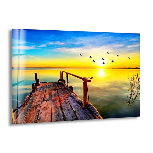 Landscape glass wall art golden sunrise with dock view and peaceful morning plus a sunrise reflection on glass landscape scene