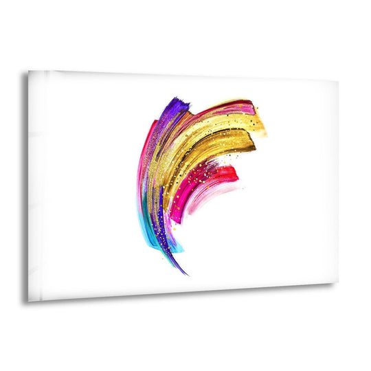 The abstract glass wall art features a soft, wispy blend of purple and gold paint strokes, a luxurious home decor piece.