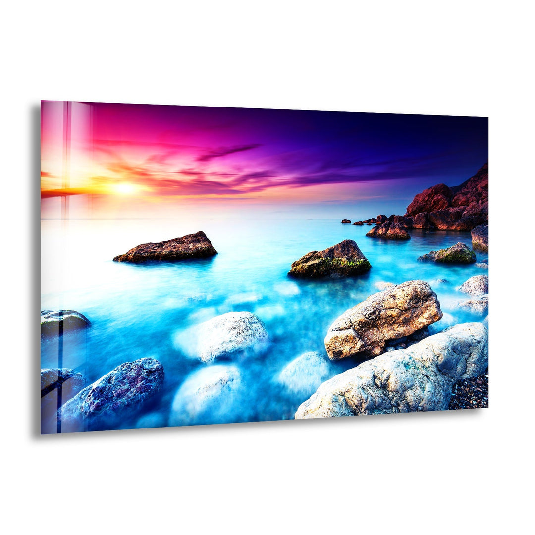Rocky Coastline at Sunset Glass Wall Art – A Stunning Ocean Landscape
