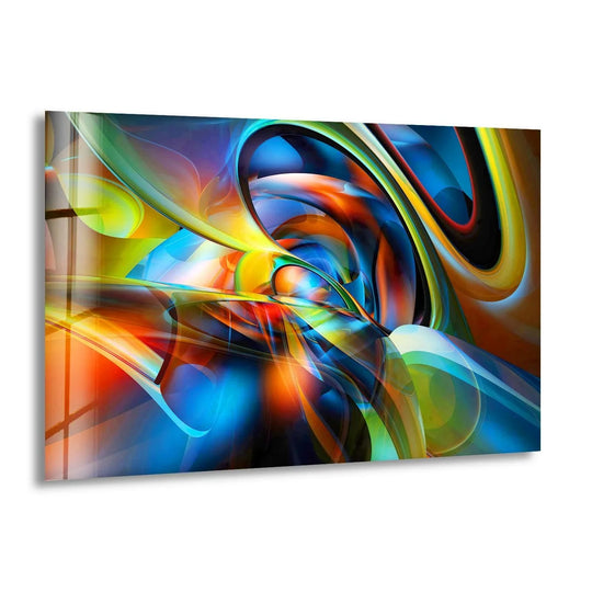 Futuristic glass wall art showcases vibrant, layered abstract forms with a sense of deep, swirling energy.