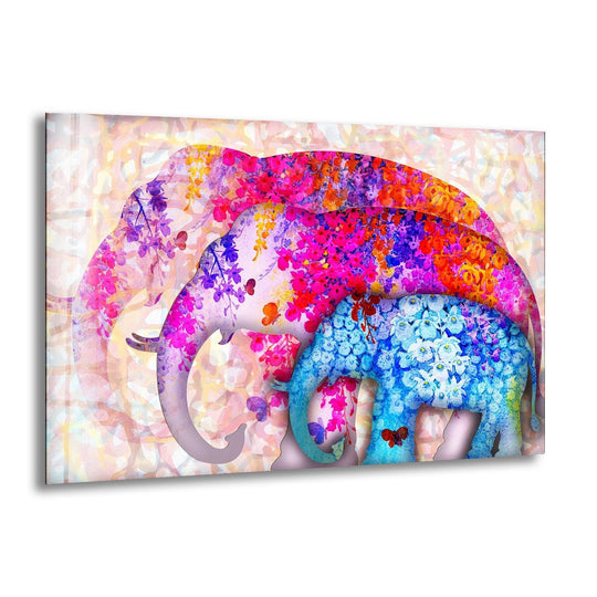 Colorful Elephants glass wall art shows a family of elephants and vivid floral decor and is durable animal wall art with vibrant colors for home decor