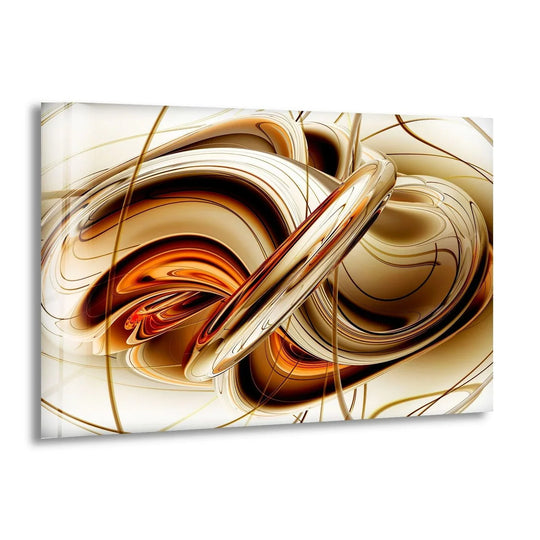 A swirling abstract brown and orange fractal art glass print wall art showcases intricate layers and profound depth.
