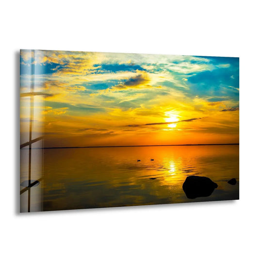 Landscape glass wall art shows a golden sunset reflected on the water and sea beauty with scenic nature paintings for sale