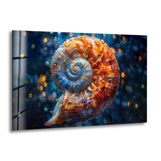 Glass wall art of a nautilus shell with bright orange and blue mosaic segments and water droplets.