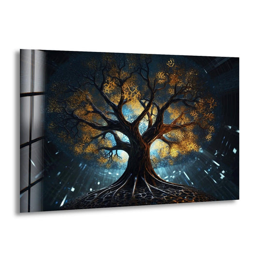 Vibrant color saturation enhances the Mystical Tree of Life glass wall art, offering a unique home decoration with glowing golden branches and a futuristic backdrop.