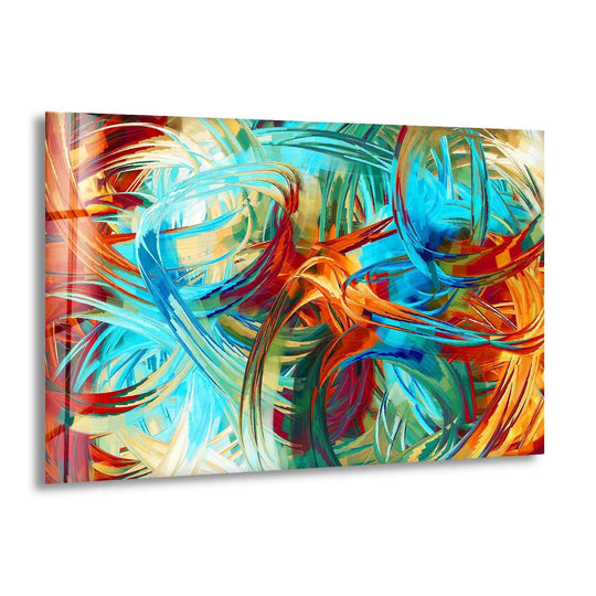 Dynamic swirling strokes of blue and orange in this glass wall art decor create a sense of vibrant, energetic movement.