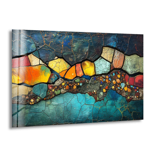 Abstract glass wall art featuring dominant blues, greens, and vibrant colorful stones.
