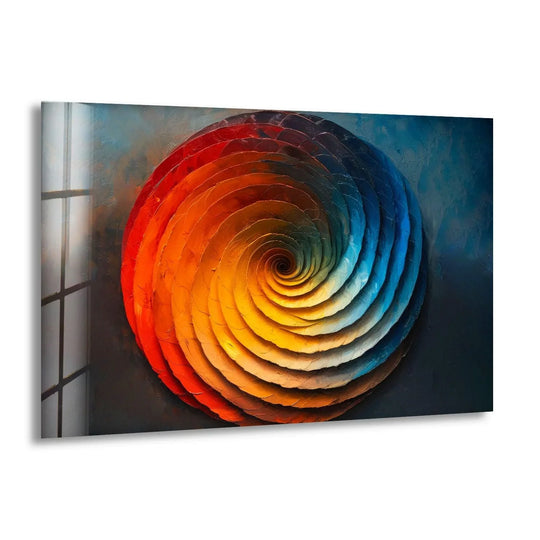 A textured swirl of soft orange to deep blue hues captures the essence of art from glass.
