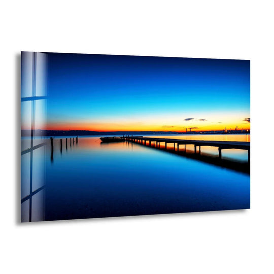 Landscape glass wall art sunset design with serene water reflection and tropic lake hues ideal sunset artwork