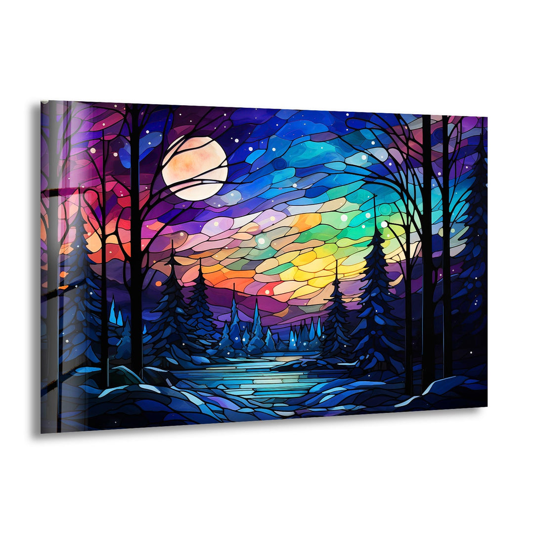 Stunning stained glass art featuring a vibrant winter forest scene, perfect for adding color to your home.
