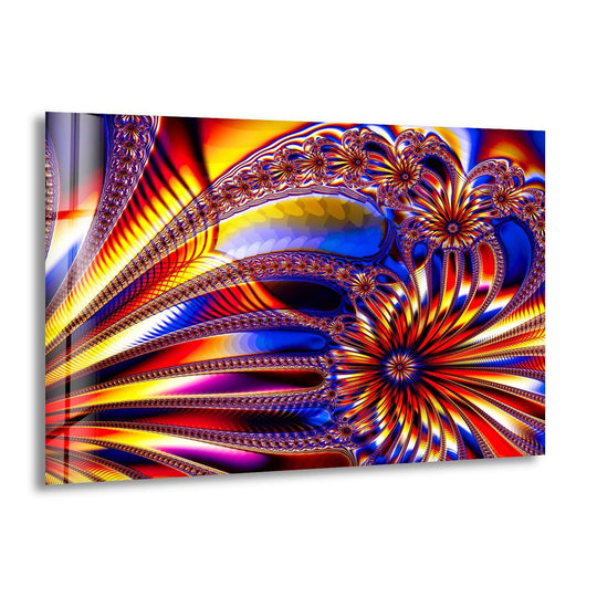 A vibrant abstract glass wall art featuring organic, swirling forms in shades of blue and orange, evoking the best glass art.