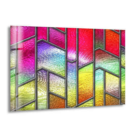 Vibrant pink and yellow abstract stained glass wall art prints explode with a dazzling spectrum of iridescent colors and dynamic geometric patterns.