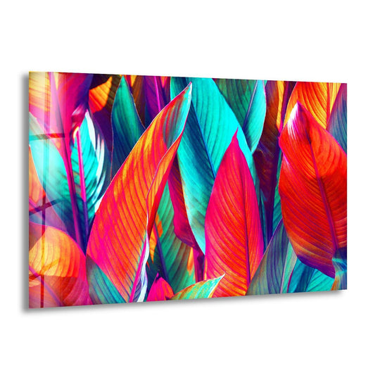 Geometric shapes of vibrant leaves in this abstract decorative wall art piece create a stunning visual display.