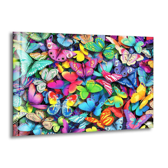 A vibrant explosion of colorful butterflies, the brightest area on this hanging wall art, showcases nature's stunning elegance.