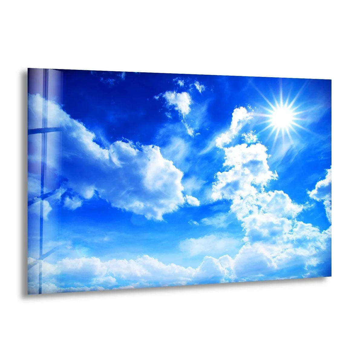 Foreground reflections accentuate the brilliant blue sky and clouds on this glass art painting, creating a radiant atmosphere.