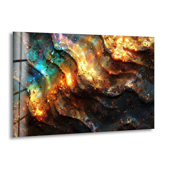 Horizontal glass art painting featuring abstract cosmic waves and fiery nebulae.