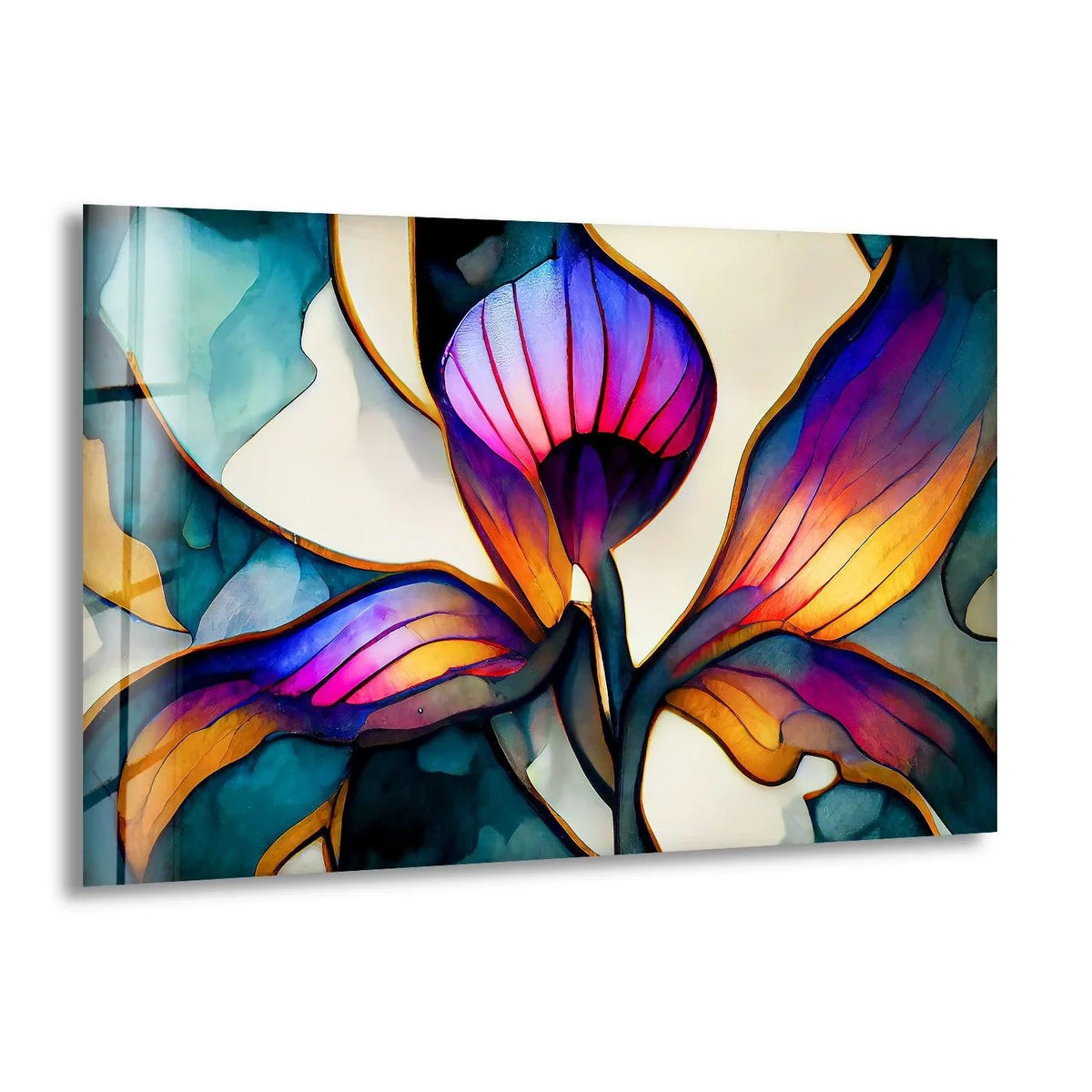 The transitions of color highlight the vivid stained flower glass wall art, showcasing why this piece is considered among the best glass art.