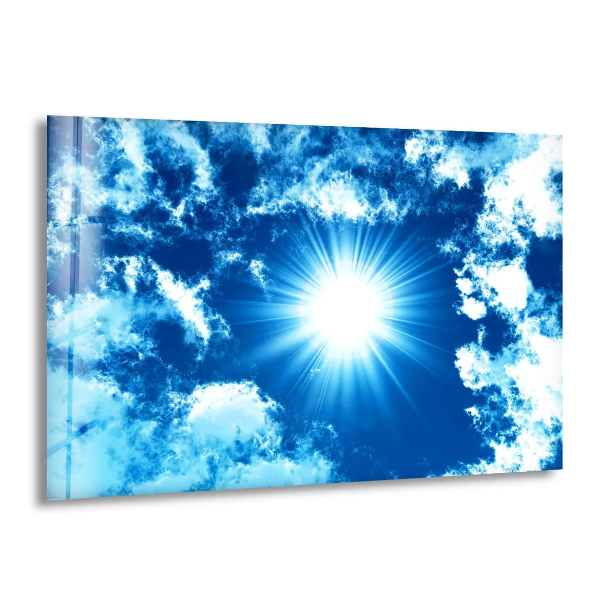 Gradients of bright white sunlight against azure transitioning into deeper blues create a beautiful and luminous glass wall art decor sky scene.