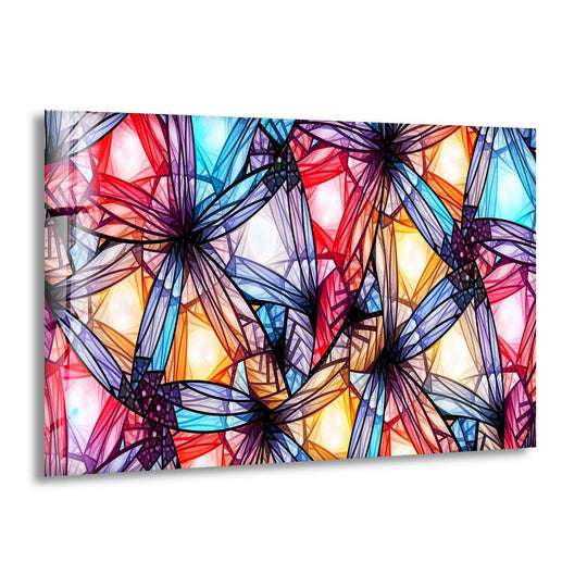 Refined glass printing showcases the sharp, beveled edges of this abstract mosaic art with vibrant red, white, and blue hues.