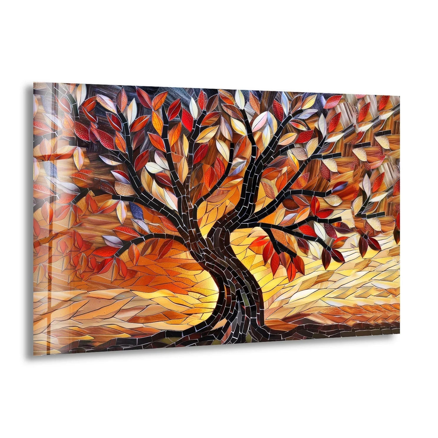 Featuring a warm and inviting mosaic effect, the background of this tree of life glass wall art complements its colorful design for striking home decor.