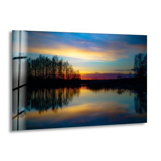 Landscape glass wall art with sunset hues and lake reflection for sunset near lake glass picture prints