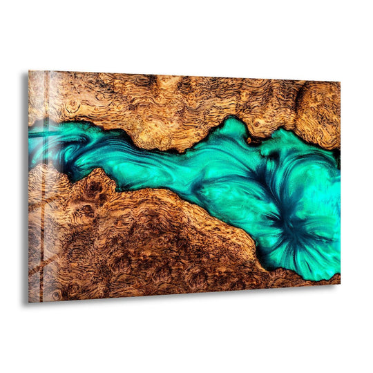Rich teal epoxy creates a vivid contrast against the warm, textured copper wood in this striking glass wall art decor.