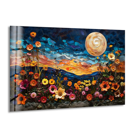 A panoramic glass wall art decor of a vibrant floral landscape under a swirling, textured moonlit sky.