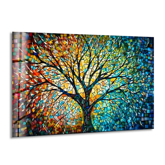 Vibrant, multicolored tempered glass wall art featuring a tree with abundant negative space in its branching structure.