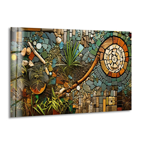 This glass wall art features a vibrant mosaic with intricate borders, showcasing natural stones and plants as art from glass.