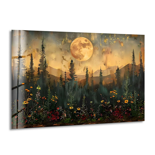 Subtle light and shadow define the forest landscape beneath a full moon in this sunset with full moon best glass art print.