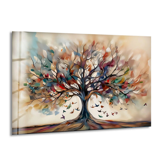 A vibrant abstract tree with colorful foliage and birds is depicted in this glass art painting.