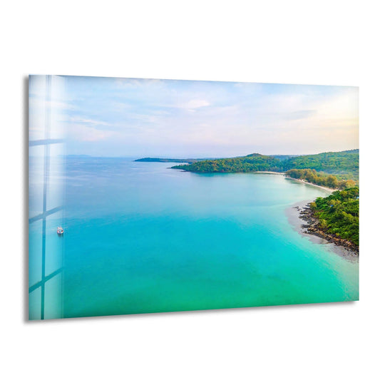 Repeating turquoise waters and lush green landmasses create a tranquil visual rhythm within this tropical land and ocean glass wall prints art piece.