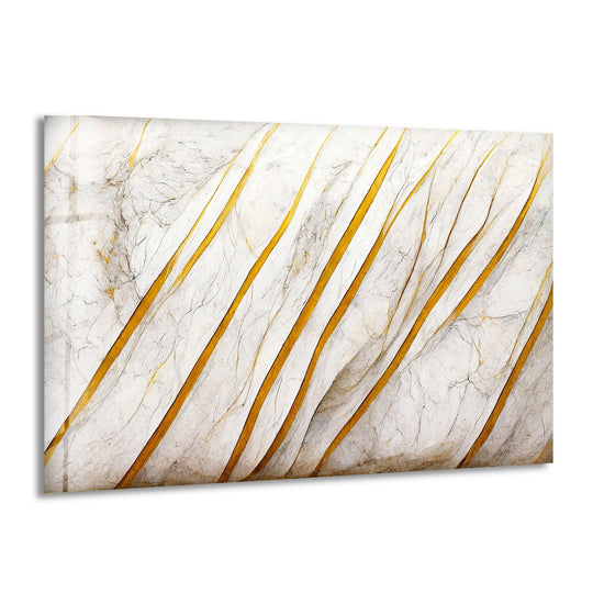 Sunlight highlights the golden veins and delicate shadows within this abstract glass hanging wall art, mimicking a luminous marble surface.