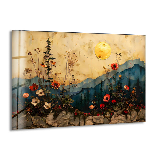 A golden sun casts a soft glow over hazy mountains, complemented by the delicate petals of glass wall art decor.