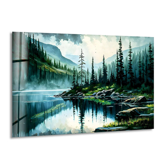 Nature forest green glass wall art shows a reflective lake and forest treesand is a landscape glass wall art print and scenic nature forest art