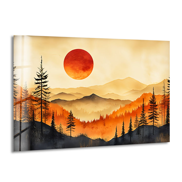 Sunset Mountain Landscape Glass Wall Art – A Tranquil Nature Escape
