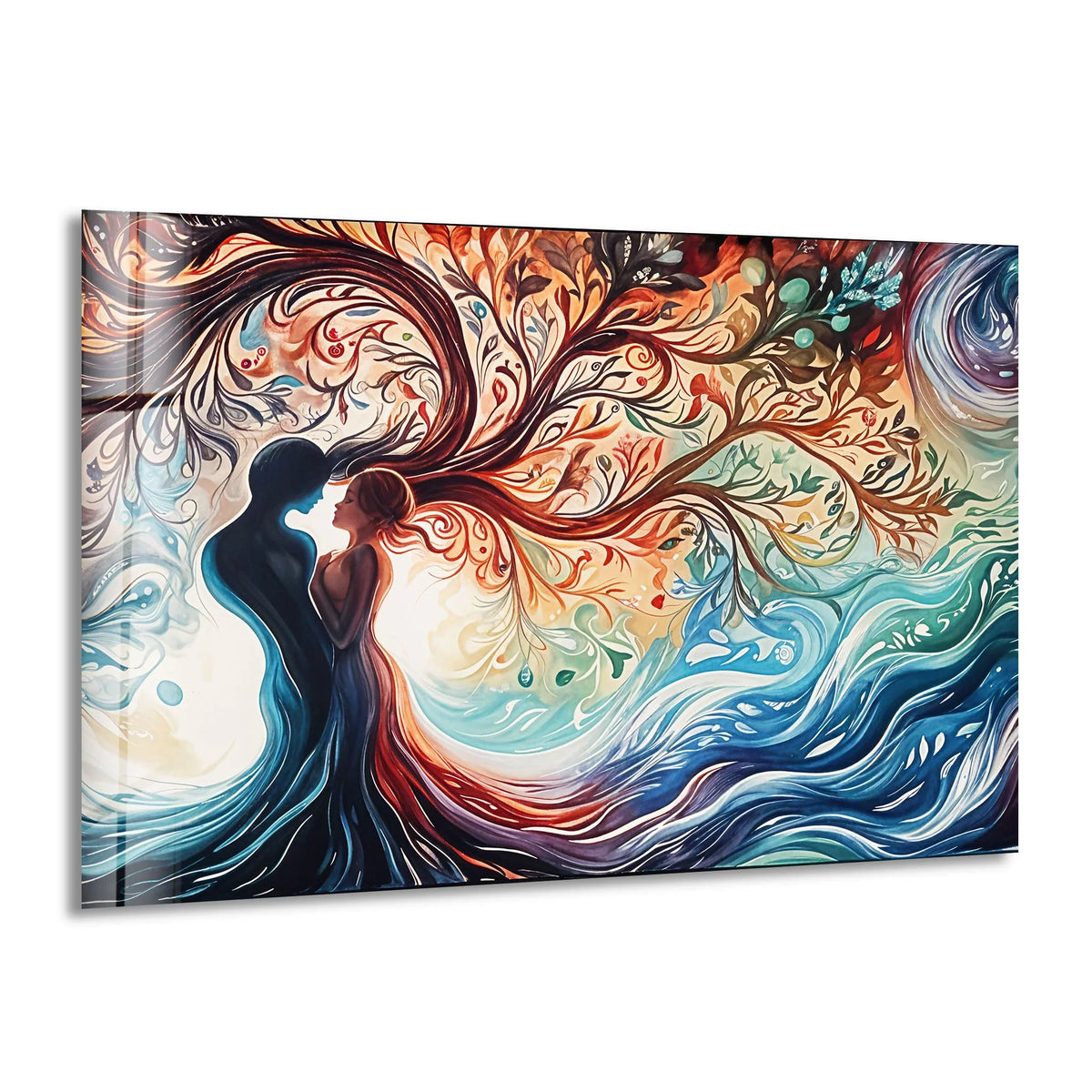 Vibrant colored glass art showcases a couple with rich, saturated hues and flowing, organic patterns against a bright, ethereal background.